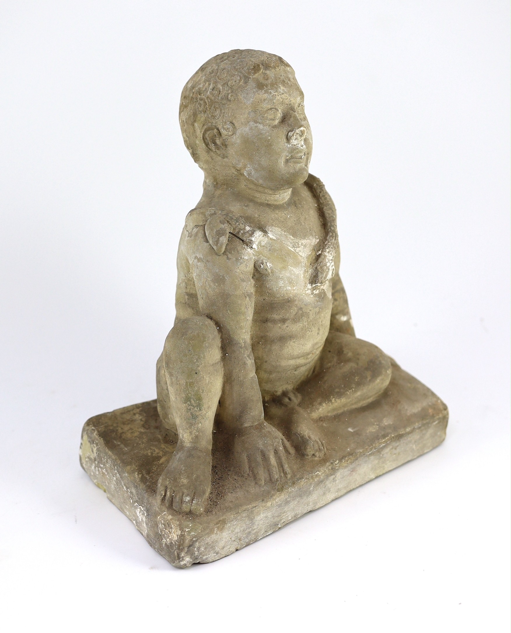 A Cypriot terracotta seated figure of a temple boy, Cypro-Classical II, c.4th century B.C., 29cm high 24cm wide